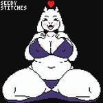 anthro big_breasts bikini breasts cleavage clothed clothing cute_fangs eyes_closed fangs female fur hands_behind_head heart_symbol horn mature_female navel nipple_outline no_shading one_eye_closed pose simple_background slightly_chubby smile solo spread_legs spreading swimwear teeth thick_thighs two-piece_swimsuit white_body white_fur seedy_stitches_(artist) undertale_(series) toriel boss_monster_(undertale) bovid caprine goat mammal digital_media_(artwork) pinup pixel_(artwork) restricted_palette