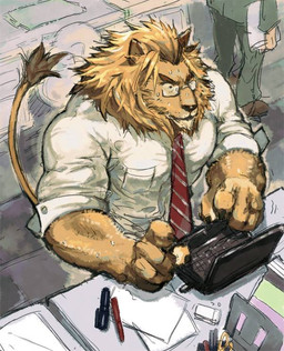 anthro black_nose computer detailed_background duo electronics eyewear glasses humanoid_hands kemono male muscular muscular_male office sitting solo t09a60y toga_(pixiv_8103731) felid lion mammal pantherine 2014