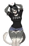 anthro black_clothing black_shirt black_topwear blue_bottomwear blue_clothing blue_shorts bottomwear breasts clothing collar dolphin_shorts eyes_closed female fur fur_markings heart_symbol hotpants markings number_on_shirt number_on_t-shirt number_on_topwear open_mouth shirt shorts simple_background solo tail text text_on_clothing text_on_shirt text_on_topwear thigh_gap topwear pgm300 mythology chabett dragon furred_dragon furred_scalie mythological_creature mythological_scalie reptile scalie wingless_dragon 2022 hi_res meme