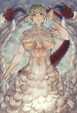 abs big_breasts blood bodily_fluids breasts feathers female grey_hair hair short_hair solo tail wings yellow_eyes mikel_(4hands) delicious_in_dungeon mythology falin_touden chimera dragon dragon_taur humanoid mythological_creature mythological_scalie scalie taur 2024 hi_res