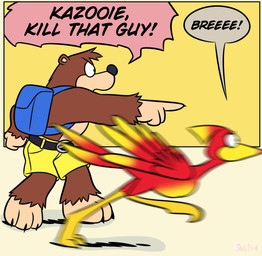 anthro backpack blurred_character clothed clothing dialogue duo female feral gesture hand_gesture humor male male/female pointing pointing_at_another running text topless skelly_doll banjo-kazooie rareware banjo_(banjo-kazooie) kazooie avian bear breegull mammal english_text meme reaction_image