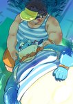 anthro belly bendy_straw beverage blush clothing drinking_straw duo hat head_on_lap headgear headwear male male/male on_lap overweight overweight_male sipping size_difference visor_cap kusarikakemono lifewonders tokyo_afterschool_summoners chubby_protagonist_(tas) makara_(tas) protagonist_(tas) crocodile crocodilian human mammal reptile scalie hi_res