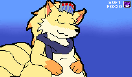 ambiguous_gender ambiguous_prey anthro anthro_pred belly belly_squish blue_background blue_eyes blue_scarf cheek_tuft crown dipstick_ears duo ear_markings emanata eyes_closed facial_tuft female female_pred fur gloves_(marking) hand_on_belly headgear heart_symbol interrobang logo looking_down markings multi_tail multicolored_ears obese obese_anthro obese_female open_mouth oral_vore orange_body orange_fur overweight overweight_anthro overweight_female scarf simple_background smile squish struggling struggling_prey swallowing tail teeth text tiara tuft unseen_prey vore yellow_body yellow_fur softfoxxo nintendo pokemon emberflame_(tavin_forchune) generation_1_pokemon ninetales pokemon_(species) 2d_animation animated artist_logo artist_name digital_media_(artwork) loop pixel_(artwork) pixel_animation