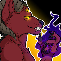 anthro fangs fire glowing gradient horn magic male multi_eye solo teeth faranae azorious canid canine canis demon mammal wolf 1:1 low_res