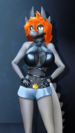 4_horns anthro black_bra black_clothing black_sclera black_underwear bottomwear bra breasts clothing denim denim_bottomwear denim_clothing denim_shorts female fingerless_gloves gloves grey_body grey_horn grey_scales hair handwear horn multi_horn orange_hair orange_pupils pupils scales shorts solo tail underwear conditional_dnp gusta mythology sketchella_(gusta) dragon mythological_creature mythological_scalie scalie 9:16 hi_res