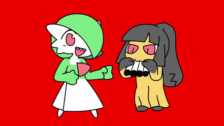 3_fingers ambiguous_gender ambiguous_human black_hair blush blush_lines chest_spike chibi clothing dress duo featureless_feet feet female female_humanoid fingers flashing_colors gloves_(marking) green_body green_hair hair hair_mouth markings multicolored_body music open_mouth open_smile playing_music pseudo_clothing pseudo_hair pupils red_eyes sharp_teeth shitpost slit_pupils smile spikes spikes_(anatomy) teeth white_body yellow_body cobywin epilepsy_warning sound_warning nickelodeon nintendo pokemon ren_and_stimpy gaba_(melfunnysmell) gardevoir generation_3_pokemon human humanoid mammal mawile pokemon_(species) 2026 2d_animation animated digital_media_(artwork) frame_by_frame meme short_playtime sound video