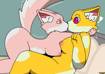 anthro athletic athletic_female bed big_breasts big_butt big_ears bodily_fluids breasts butt confusion curvy_figure dominant duo female female/female female_on_bottom female_on_top furniture gradient_eyes looking_pleasured on_bed on_bottom on_top orange_eyes pink_body purple_eyes saliva spots white_spots yellow_body wdaf canid canine canis domestic_cat domestic_dog felid feline felis mammal hi_res