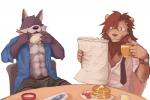 5_fingers anthro clock clothed clothing duo eating eyewear fingers food fur glasses kemono male open_clothing open_shirt open_topwear pancake rice shirt simple_background topwear watch white_background lowergold lowerkuo canid canine canis felid lion mammal pantherine wolf 2016 digital_media_(artwork)