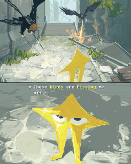 ambiguous_gender dialogue feral fire group horn looking_up melee_weapon outside standing sword text weapon wings holo303 deltarune elden_ring fromsoftware undertale_(series) the_original_starwalker warhawk_(elden_ring) artist_name crossover english_text hi_res