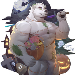 abs anthro basket biceps black_hair body_hair bottomwear candy candy_cane castle claws clothed clothing container deltoids dessert facial_hair facial_scar finger_claws food full_moon fur goatee green_eyes green_hair hair happy_trail holding_basket holding_container holding_melee_weapon holding_object holding_sword holding_weapon holidays jack-o'-lantern loincloth loincloth_only lollipop male melee_weapon moon navel night nipples pawpads paws pecs scar snout snout_scar solo surgical_suture sword tombstone topless triceps weapon white_body white_bottomwear white_clothing white_fur white_loincloth sun1103631889 halloween bat bear ghost mammal polar_bear spirit ursine 1:1 2023 hi_res signature