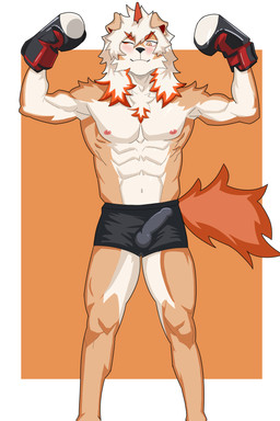 anthro big_tail black_nose boxing_gloves chest_tuft clothed clothed_male clothing fur hair handwear male muscular muscular_male nipples orange_body orange_eyes orange_fur smile smiling_at_viewer solo standing tail tuft underwear white_body jiesheng arknights hypergryph studio_montagne hung_(arknights) canid canine mammal absurd_res hi_res