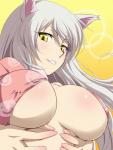 big_breasts breasts cleavage clothed clothing ear_tuft female hair head_print holding_breast long_hair looking_at_viewer pajamas pattern_clothing pattern_pajamas print_clothing print_pajamas pupils simple_background slit_pupils solo tuft white_hair yellow_background yellow_eyes hayashi_custom bakemonogatari monogatari nekomonogatari black_hanekawa hanekawa_tsubasa animal_humanoid cat_humanoid domestic_cat felid felid_humanoid feline feline_humanoid felis humanoid mammal mammal_humanoid 2011