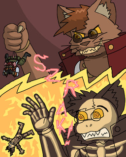 anthro bone boots bracelet claws clothed clothing coat duo electricity electrocution engineer_(profession) evil_grin eyewear fangs female footwear gloves hair handwear jewelry leg_harness male male/female micro necklace overalls ponytail praying scared shirt shoes size_difference skeleton smile spiral_pupils sunglasses tail tail_grab tank_top teeth text topwear torn_clothing vest whiskers myaxy domestic_cat felid feline felis mammal mouse murid murine rodent 4:5 absurd_res comic hi_res