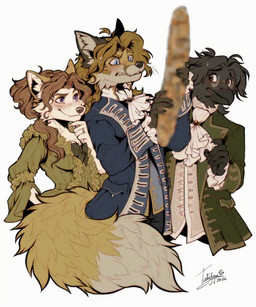 anthro baguette beak blonde_hair blush bread clothed clothing eyewear feathers female food fur glasses group hair holding_bread male rococo_clothing round_glasses simple_background smile tail teeth topwear trio wearing_glasses tatujapa edgar_vladilisitsa joseph_corbeau sophie_vulpina_nore avian bird canid canine corvid corvus_(genus) fox mammal oscine passerine raven 5:6 animated animated_gif digital_media_(artwork) short_playtime