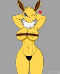 anthro anthrofied areola areola_slip belt belt_bra belted_breasts big_breasts big_butt blue_eyes breasts butt clothing female hands_behind_head heart_symbol one_eye_closed pokemorph smile solo standing thong underwear wide_hips wink lmk-750 nintendo pokemon eeveelution generation_1_pokemon jolteon pokemon_(species) absurd_res hi_res