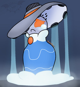 ambiguous_gender anthro bodily_fluids clothing crying dress frown hat headgear headwear sad solo standing steam teardrop tears water apollysabyss cassette_beasts cassette_beast fountess_(cassette_beasts) humanoid 2023 watermark female_(lore) trans_(lore) trans_woman_(lore)
