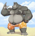 anthro beach beard belly belly_hair belly_tuft body_hair bottomwear clock clothed clothing cloud detailed_background facial_hair facial_piercing fur grey_beard grey_body grey_facial_hair grey_fur grey_hair hair hand_on_hip happy_trail male muscular muscular_arms navel nipples nose_piercing nose_ring overweight overweight_anthro overweight_male pattern_bottomwear pattern_clothing piercing raised_hand ring_piercing sand scar solo swimming_trunks swimwear tattoo topless tuft watch water wristwatch yellow_eyes polartoons fahz_(fahzthegorilla) ape gorilla haplorhine mammal primate 2021 hi_res