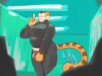 anthro athletic_wear clothed clothing crossdressing duo exhibitionism lingerie lingerie_panties locker_room male pulling_down_pants teasing translucent translucent_clothing translucent_lingerie under_clothes pastryglaze thwethb jasper_(thwethb) varahn_(thwethb) felid lizard mammal pantherine reptile scalie tiger hi_res