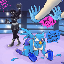 ambiguous_gender anthro bandage blood blue_body blue_feathers bodily_fluids boots boxing boxing_gloves bra breasts bruised bruised_eye clothed clothing dialogue dripping duo feathers female fight fighting_ring footwear hair handwear non-mammal_breasts nosebleed ponytail raised_arm referee shoes sport sports_bra sweat tears text underwear fellowthewulf twitter x_(social_media) tweetfur twitter_bird avian bird humanoid 1:1 2023 absurd_res digital_media_(artwork) english_text hi_res meme
