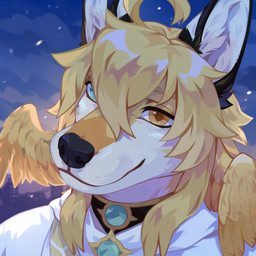 ambiguous_anthro ambiguous_gender anthro black_nose blonde_hair blue_eyes clothed clothing detailed_background feathered_wings feathers front_view fur glistening glistening_eyes hair head_wings heterochromia inner_ear_fluff looking_at_viewer mouth_closed orange_eyes outside solo topwear tuft unusual_wing_placement white_body white_clothing white_fur white_inner_ear_fluff white_topwear wings corzh77 canid canine mammal 1:1 bust_portrait detailed hi_res portrait