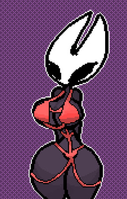 anthro big_breasts black_body breasts clothing empty_eyes female hands_behind_back huge_breasts huge_thighs hyper hyper_thighs narrow_hips pattern_background red_clothing red_swimwear simple_background skimpy_swimwear small_waist solo swimwear thick_thighs wasp_waist ok-pace-9424 hollow_knight_(franchise) team_cherry hornet_(hollow_knight) arachnid arthropod spider 2025 digital_media_(artwork) hi_res pixel_(artwork)