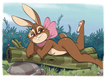 anthro bow_accessory bow_ribbon breasts brown_body brown_fur buckteeth female fur grass log looking_at_viewer lying mascot medium_breasts nude on_front plant rock scut_tail short_tail shrub solo tail teeth whiskers wood fabio_paulino cadbury cadbury_bunny lagomorph leporid mammal rabbit 2025 4:3 hi_res