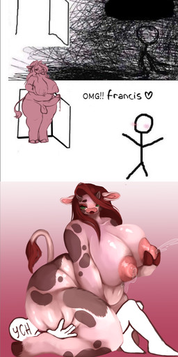 ambiguous_gender anthro belly big_breasts big_nipples bodily_fluids breast_milking breasts butt_in_face dialogue duo ears_down facesitting female fur genitals gynomorph gynomorph/ambiguous hooves horn intersex intersex/ambiguous lactating mane mature_female nipples oral penis pivoted_ears sitting_on_another size_difference slightly_chubby slightly_chubby_female tail text white_body white_fur omg_hi! ych_(character) bovid bovine cattle mammal absurd_res english_text hi_res meme