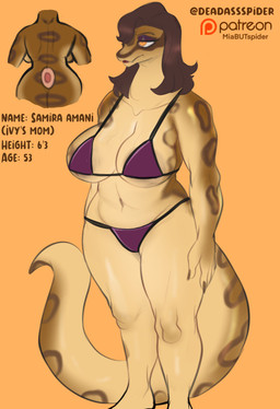 anthro anthrofied big_breasts bikini breasts brown_body brown_hair brown_scales clothed clothed_anthro clothed_female clothing feet female fingers front_view hair half-closed_eyes huge_breasts humanoid_feet humanoid_hands long_hair long_tail markings mature_anthro mature_female narrowed_eyes navel non-mammal_breasts non-mammal_navel nude nude_anthro nude_female orange_background orange_eyes plantigrade purple_bikini purple_clothing purple_swimwear rear_view scales side_boob simple_background skimpy slightly_chubby slightly_chubby_anthro slightly_chubby_female solo spots spotted_markings standing swimwear tail tan_body tan_scales text thick_thighs two-piece_swimsuit wide_hips deadassspider patreon samira_(ivy) ball_python python reptile scalie snake 2025 absurd_res artist_name full-length_portrait hi_res model_sheet portrait