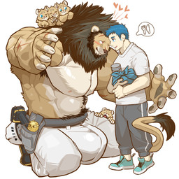 abs anthro arm_tattoo armpit_hair beard belt big_bulge big_muscles blue_hair blush bodily_fluids body_hair bottomwear brown_body brown_fur brown_mane bulge chest_tuft clothed clothing eyewear facial_hair family footwear fur gay_dads glasses goatee group hair heart_symbol huge_bulge human_on_anthro interspecies kemono larger_anthro male male/male mane muscular muscular_anthro muscular_male navel nipples overalls pants red_hair romantic romantic_couple shoes size_difference smaller_human sweat tail tail_hug tail_tuft tattoo topless torn_bottomwear torn_clothing torn_pants tuft young young_anthro young_male chan_kiti_chan felid human lion mammal pantherine 1:1 hi_res father_(lore) father_and_child_(lore) father_and_son_(lore) parent_(lore) parent_and_child_(lore) parent_and_son_(lore) son_(lore)