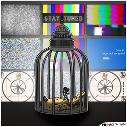 4_toes beak birdcage black_beak black_talons blue_screen_of_death death electronics eyes_closed feathers feet feral hair head_only lying monitor on_back orange_body political_cartoon politics static tail tail_feathers talons technicolor television_static text toes united_states_capital_building white_hair wings yellow_body yellow_feathers the_reddot_(artist) the_reddot_comic donald_trump avian bird canary finch human mammal oscine passerine 1:1 english_text hi_res