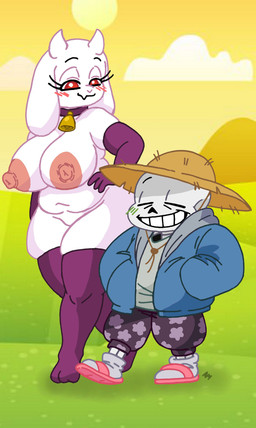 alternate_universe anthro areola armwear bell bell_collar belly big_breasts big_butt biped blush bone breasts butt clothing collar duo elbow_gloves eyes_closed farm farmer farmtale female female_anthro gloves handwear happy hat headgear headwear heart_symbol male mature_female mostly_nude nipples size_difference skeleton slightly_chubby slightly_chubby_female smaller_male thick_thighs walking teddynours undertale_(series) sans_(farmtale) sans_(undertale) toriel toriel_(farmtale) animated_skeleton bovid caprine goat mammal undead absurd_res hi_res