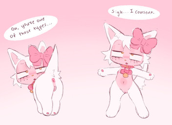 animal_genitalia anthro anus bow_ribbon butt collar consent_themes explicitly_stated_consent female feral fur genitals humanoid_genitalia humanoid_vulva looking_at_viewer navel nipples pacifier pink_body presenting presenting_vulva solo spiked_collar spikes text vulva white_body white_fur young young_female clockstops3am conditional_dnp third-party_edit domestic_cat felid feline felis mammal english_text pink_theme