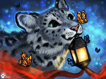 ambiguous_gender cosmic_background feral fluffy fur green_eyes grey_body grey_fur group lamp lantern leopard_spots markings membrane_(anatomy) membranous_wings mouth_hold pink_nose smile spots spotted_body spotted_fur whiskers wings flashw arthropod butterfly felid insect lepidopteran mammal monarch_butterfly pantherine snow_leopard 2022 digital_media_(artwork) digital_painting_(artwork) painting_(artwork)