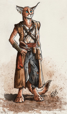 4_toes 5_fingers abstract_background anthro armor barefoot belt belt_buckle belt_pouch biped blue_eyes bottomwear brown_body brown_fur buckle clothed clothing coat dagger digitigrade ear_piercing ear_tuft facial_scar feet female fingers fully_clothed fur hand_on_hip inner_ear_fluff looking_up melee_weapon notched_ear pants piercing scabbard scar shadow shirt simple_background solo standing tail toes topwear torn_bottomwear torn_clothing torn_pants tuft vambrace weapon white_body white_fur 0laffson shadi_(0laffson) caracal caracal_(genus) felid feline mammal 2016 hi_res painting_(artwork) signature traditional_media_(artwork) traditional_painting_(artwork) traditional_watercolor_(artwork) watercolor_(artwork)