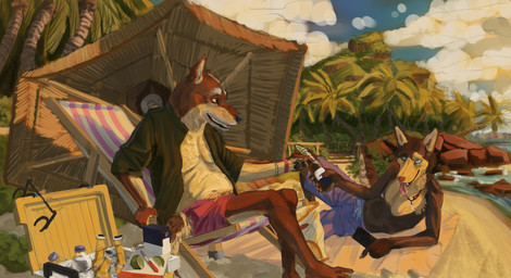 age_difference alcohol anthro beach beer beer_bottle beverage bottle brown_body brown_fur clothed clothing cloud container detailed_background duo elderly_anthro elderly_male fur lying male male/male male_anthro older_anthro older_male on_side open_clothing open_shirt open_topwear palm_tree plant relaxing sand shirt sitting sky swimming_trunks swimwear tan_body tan_fur tongue tongue_out topwear tree kaltag1925 canid canine canis coyote hybrid mammal wolf hi_res