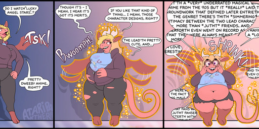 anthro armor barefoot bottomwear braces breasts clothing dialogue digitigrade eyewear feet female glasses hand_on_belly hooves horn looking_aside magic membrane_(anatomy) membranous_wings nerdification overweight overweight_anthro pants round_glasses shirt short_stackification shortstack shortstack_female shrinking size_transformation smile solo spade_tail standing tail tail_motion tailwag text topwear torn_clothing transformation weight_gain wings ataripanther mythology fel_(unsavoryrepute) dragon mythological_creature mythological_scalie scalie 2025 digital_media_(artwork) english_text hi_res sequence
