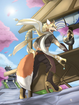 ambiguous_gender anthro biped blonde_hair boots bottomwear bowl cherry_blossom clothed clothing cloud container day detailed_background digitigrade dipstick_tail fangs flower fluffy fluffy_tail food footwear fully_clothed fur fur_growth grass growth hair human_to_anthro long_hair looking_at_self looking_back markings mid_transformation multicolored_tail noodles open_mouth orange_body orange_fur outside pants plant prunus_(flower) pupils ramen shirt shoes sky slit_pupils snout solo species_transformation stairs sun surprised tail tail_growth tail_markings teeth topwear torn_bottomwear torn_clothing torn_pants transformation vehicle wagon white_body white_fur white_tail_tip yellow_eyes fujoshiineko genshin_impact mihoyo aether_(genshin_impact) canid canine fox human mammal 3:4 hi_res shaded