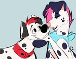 clothing collar duo female feral fur hair kerchief male open_mouth pink_hair red_hair spots white_body white_fur pastelcore cobalt_(cobaltdawg) freckles_(psy101) canid canine canis dalmatian domestic_dog mammal 2017