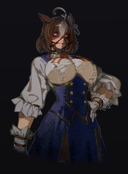 accessory ahoge angry big_breasts bow_ribbon breasts bridle brown_hair cat_smile clothing dress female frilly frilly_clothing gloves glowing glowing_eyes hair hair_accessory hair_bow hair_ribbon handwear hard_nipples horse_ears multicolored_hair pink_eyes ribbons shadow_over_face simple_background solo tight_clothing two_tone_hair tomatolover16 cygames uma_musume_pretty_derby meisho_doto_(pretty_derby) animal_humanoid equid equid_humanoid equine equine_humanoid horse_humanoid humanoid mammal mammal_humanoid absurd_res hi_res