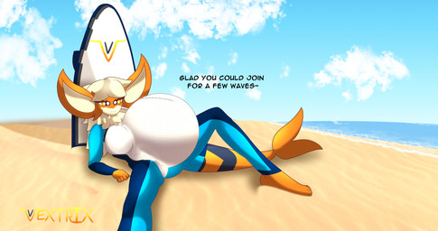 anthro beach biped breasts camel_toe clothing female female_anthro pregnant presenting solo swimwear text vore wetsuit vextrix nintendo pokemon arc_vap arcanine eeveelution generation_1_pokemon hybrid pokemon_(species) vaporeon english_text hi_res