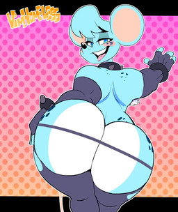 ambiguous_gender anthro armpit_hair big_butt blue_body blue_eyes blue_fur body_hair bubble_butt butt butt_focus clothing curvy_figure female fur gloves grin handwear heart_symbol huge_butt leather looking_at_viewer looking_back makeup muscular muscular_anthro presenting presenting_hindquarters rear_view shaking_butt shortstack smile smug solo thick_thighs wide_hipped_male wide_hips vimhomeless muscle_mouse house_mouse mammal mouse murid murine rodent 2017 2d_animation animated digital_media_(artwork) frame_by_frame no_sound short_playtime video male_(lore)