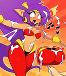 belly bodily_fluids breasts butt cum cum_on_body dancing ear_piercing ear_ring ejaculation female genital_fluids hair male piercing ponytail purple_hair ring_piercing solo surprised_expression thick_thighs puppysnackz shantae_(series) wayforward shantae half_genie hi_res