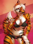 2015 3:4 abstract_background anthro beckoning big_breasts blue_eyes bra breasts canid canine chest_tuft claws cleavage clothed clothing deadpool digital_media_(artwork) female fivel fur gesture hair hair_over_eye hi_res hybrid inner_ear_fluff licking licking_lips licking_own_lips looking_at_viewer mammal marvel navel one_eye_obstructed panties pawpads seductive self_lick solo striped_body striped_fur stripes tongue tongue_out tuft underwear