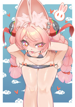 accessory adolescent anthro biped blush bodily_fluids bow_bra bow_panties bow_underwear bra breasts clothed clothing clothing_pull ear_piercing ear_ring female fur hair hair_accessory heart_symbol inner_ear_fluff long_hair looking_at_viewer navel panties panty_pull piercing pink_body pink_fur pink_hair rabbit_ears ring_piercing small_breasts smile solo standing sweat tongue tongue_out tuft underwear underwear_only underwear_pull undressing undressing_self young young_anthro young_female maaji mihoyo zenless_zone_zero zhao_(zenless_zone_zero) lagomorph leporid mammal rabbit thiren digital_drawing_(artwork) digital_media_(artwork) hi_res shaded soft_shading adult_(lore)