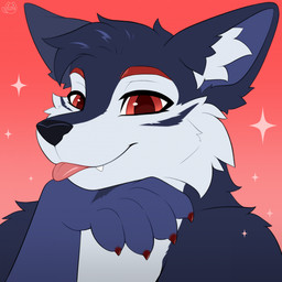 anthro blep blue_body blue_fur blue_hair brown_claws cheek_tuft claws eyebrows facial_tuft fangs fingers fur hair head_on_hand inner_ear_fluff looking_at_viewer male nude pink_tongue red_eyebrows red_eyes short_hair smile snout solo teeth tongue tongue_out tuft white_body white_fur eloya_art canid canine canis mammal wolf 1:1 colored digital_drawing_(artwork) digital_media_(artwork) hi_res