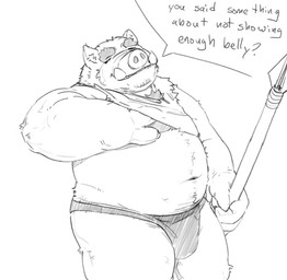 anthro belly body_hair bulge chest_hair clothing eyebrows facial_hair hairy male melee_weapon overweight overweight_anthro overweight_male polearm shirt solo spear text topwear tusks weapon bezdomny domestic_pig mammal orc pig_orc suid suine sus_(pig) wild_boar english_text hi_res monochrome