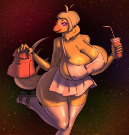 anthro apron apron_only bangs beverage big_breasts blunt_bangs breasts cleavage clothed clothing container cup disposable_cup drinking_straw feathers female food footwear hair holding_bag holding_beverage holding_container holding_cup holding_object huge_breasts legwear neck_tuft nipple_outline nipples non-mammal_breasts on_one_leg paper_bag pink_eyes pose sharp_teeth short_hair smile smiling_at_viewer socks solo standing stockings tail teeth thick_thighs thigh_highs thigh_socks tuft waiter white_clothing white_footwear white_legwear white_socks white_thigh_highs white_thigh_socks wide_hips yellow_body yellow_feathers farodor five_nights_at_freddy's scottgames chica_(fnaf) avian bird chicken galliform phasianid absurd_res hi_res pinup