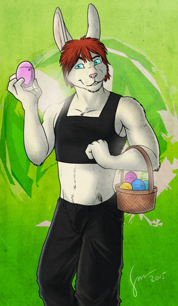 abstract_background anthro basket black_bottomwear black_clothing black_pants black_topwear blue_eyes bottomwear brown_hair clothing container easter_egg front_view hair holidays male male_anthro pants pink_nose smile solo topwear hufnaar easter lagomorph leporid mammal rabbit 2015 dated hi_res signature