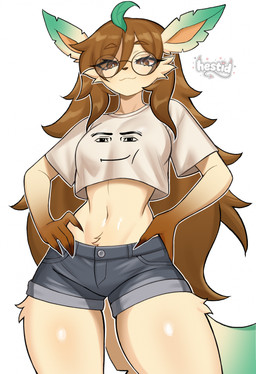 anthro belly bottomwear brown_eyes brown_hair clothing crop_top eyewear female glasses hair hands_on_hips leaf leaf_ears long_hair looking_at_viewer navel round_glasses shirt shorts solo topwear hestid nintendo pokemon roblox roblox_man_face eeveelution generation_4_pokemon leafeon pokemon_(species) hi_res
