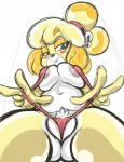 2016 animal_crossing anthro areola big_breasts bikini bite biting_lip breasts canid canine canis clothing domestic_dog erect_nipples female genitals hi_res isabelle_(animal_crossing) low-angle_view mammal navel nintendo nipple_outline nipples one-piece_swimsuit potbelly pubes pussy pussy_floss shih_tzu sling_bikini solo swimwear toy_dog twindrills